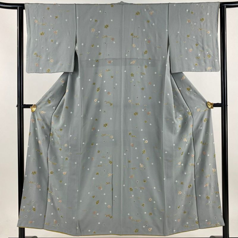小紋 身丈151.5cm 裄丈62cm S 袷 若松 桜 刺繍 灰色 正絹 秀品