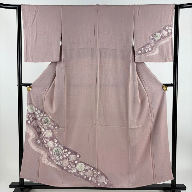 5)着物　袷　振袖　絞り　正絹　身丈170cm 仕付け糸付き 振袖 身丈166.5cm 裄丈67.5cm L 袷 牡丹 青海波 総絞り 赤 正絹
