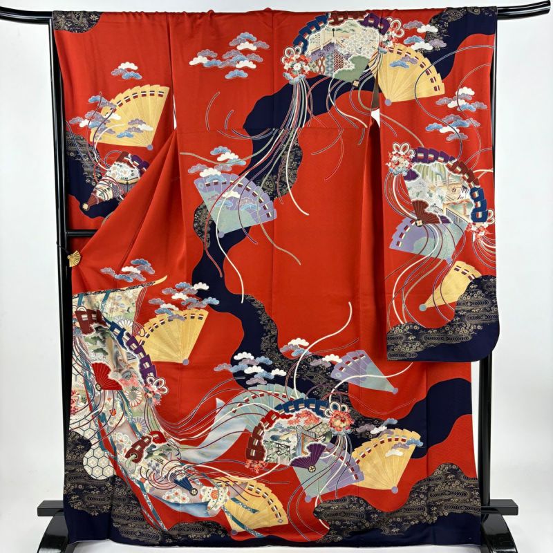 振袖 身丈170.5cm 裄丈67cm M 袷 檜扇 華文 金彩 染め分け 朱色