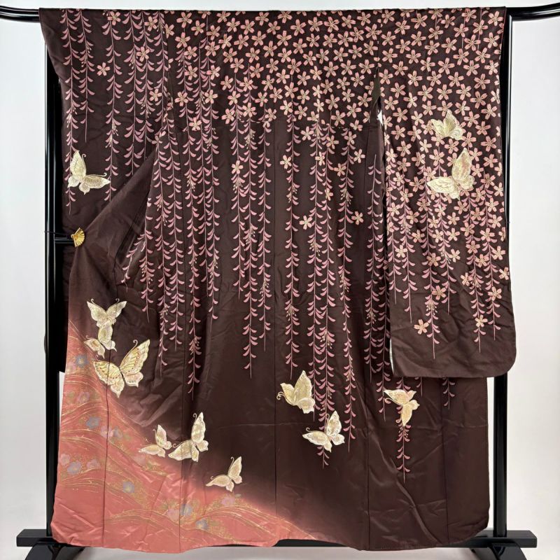 振袖 身丈159.5cm 裄丈65cm M 袷 蝶 桜 金糸 金彩 茶紫 正絹