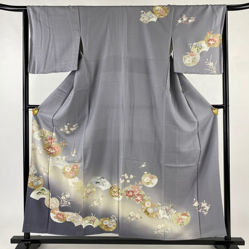 未使用近い　ほぼ美品　袷　正絹振袖フルセット　正絹　裄67.5 紫白正絹振袖フルセット （レンタル】 振袖 フルセット 正絹