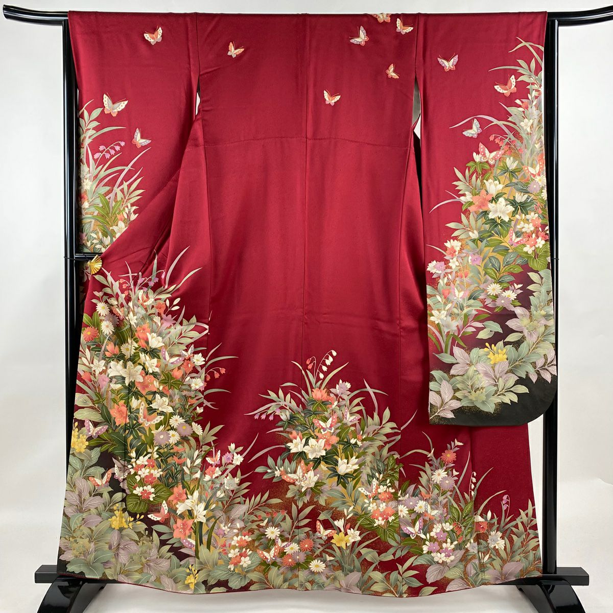 振袖 身丈159.5cm 裄丈65.5cm M 袷 蝶 桜 金彩 ぼかし 赤 正絹