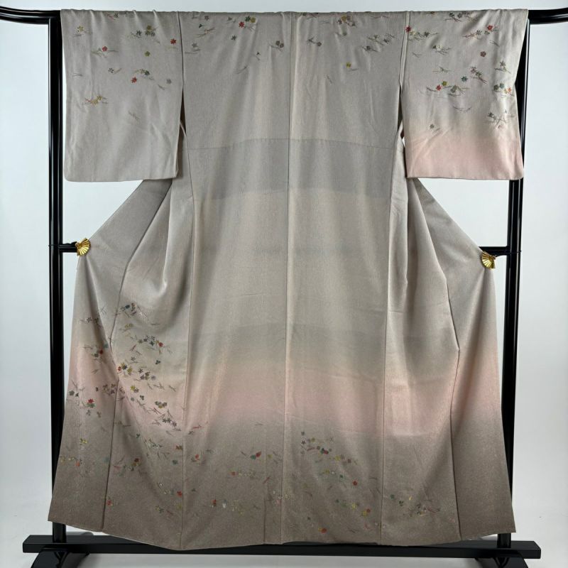 刺繍 松葉散らし 裄65 金彩 紋無し 付下げ 訪問着 正絹 T-6324 訪問着 身丈156.5cm 裄丈65cm M 袷 吹き寄せ 松葉 刺繍 金糸 灰
