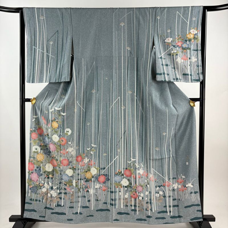 訪問着 身丈162cm 裄丈63cm S 袷 華山 落款あり 菊 菖蒲 青灰色
