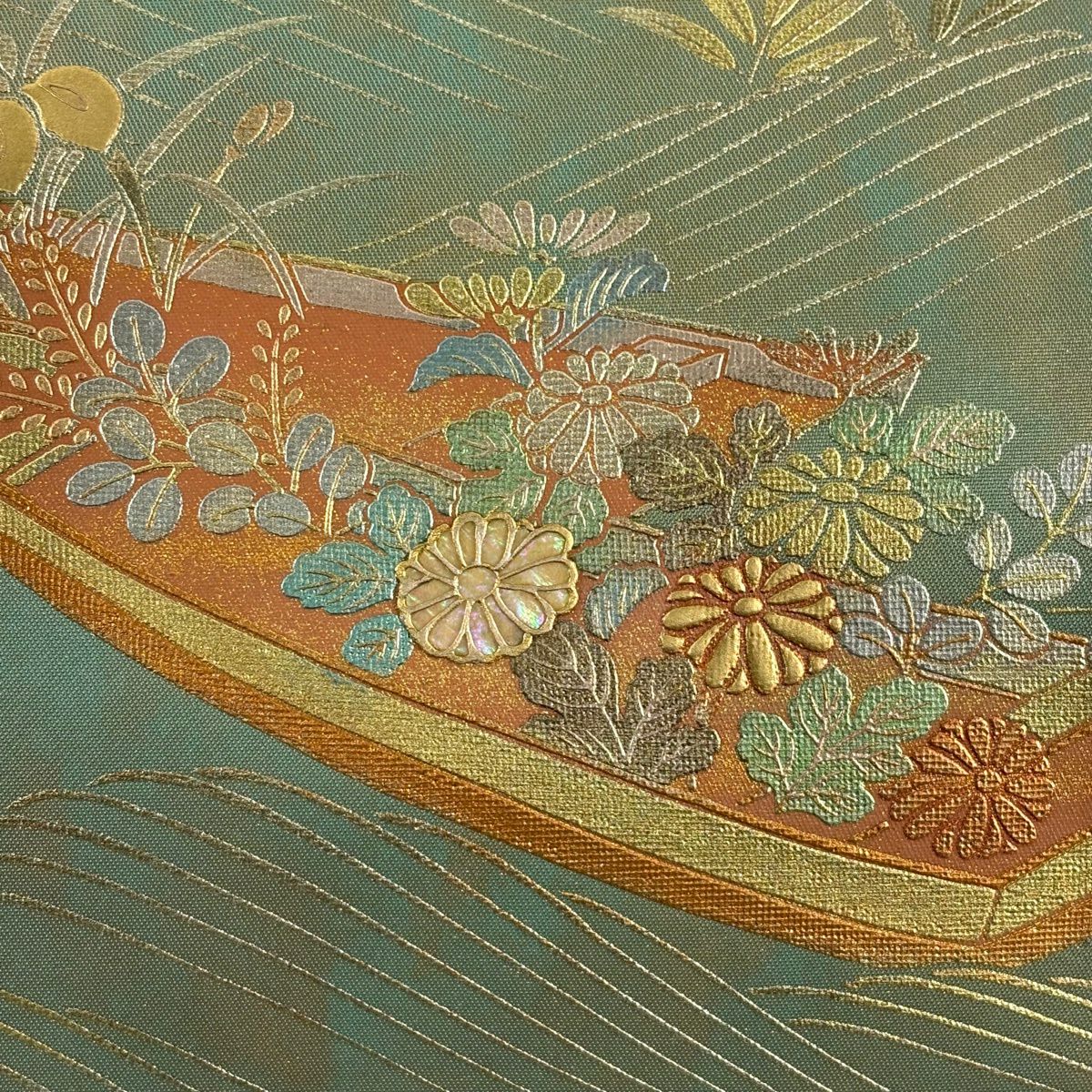 名古屋帯 秀品 花舟 波 螺鈿 金銀彩 灰緑 正絹｜中古・古着