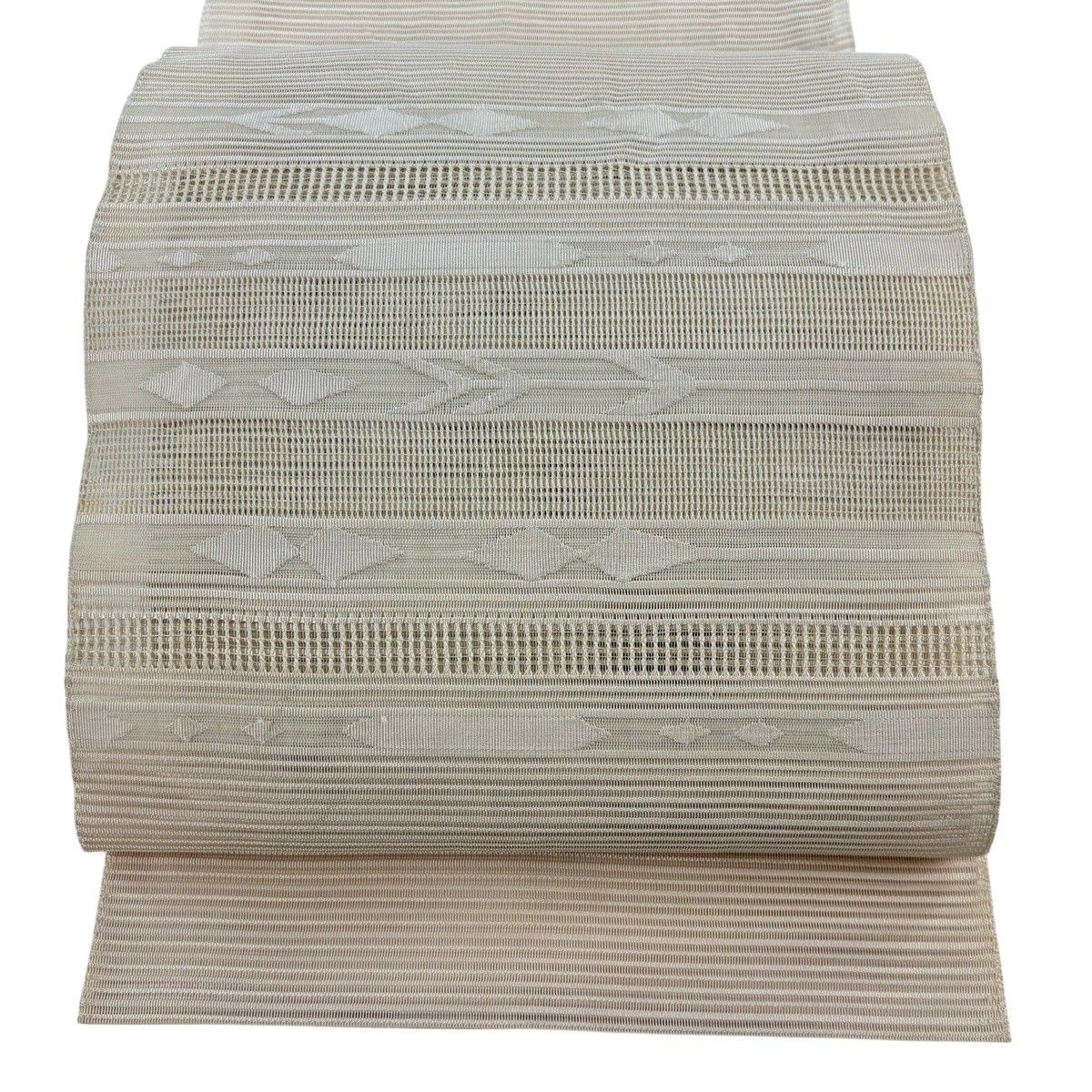 名古屋帯 秀品 夏帯 絽 八寸名古屋帯 縞 幾何学 クリーム 正絹｜中古