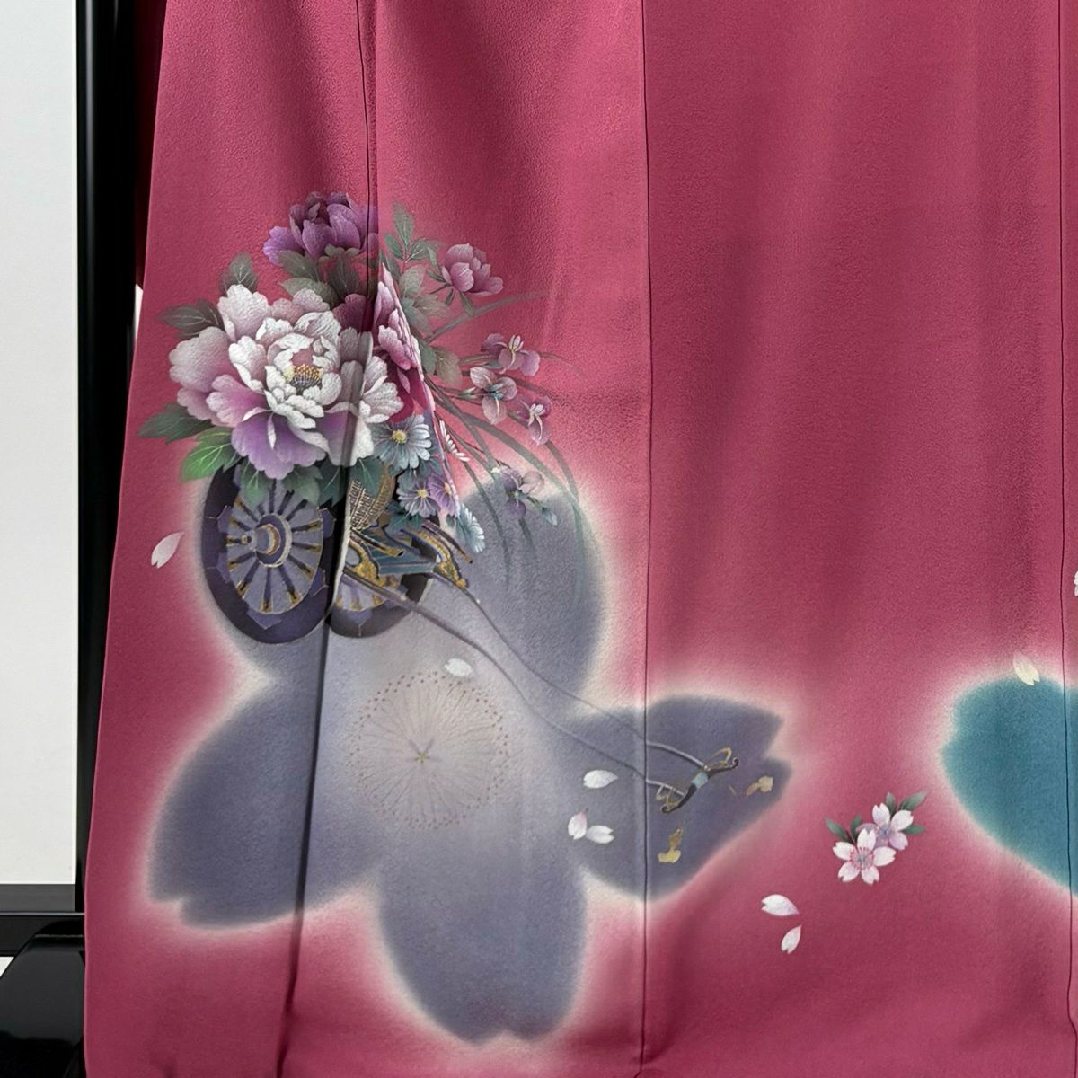 美品】 振袖 身丈169cm 裄丈69.5cm L 袷 袋帯フルセット 花車 桜 金彩