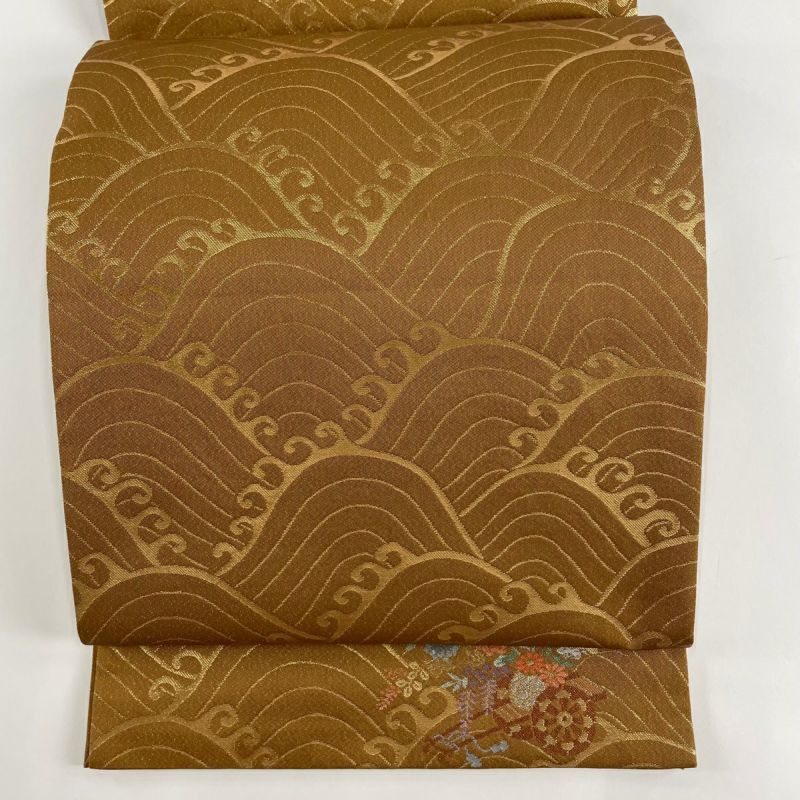 開き名古屋帯 美品 優品 波頭 花車 箔 山吹茶色 正絹｜中古