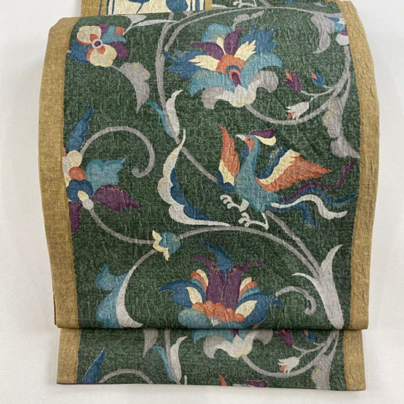 袋名古屋帯 美品 秀品 紬地 花唐草 鳥 金彩 縮緬 灰緑 正絹