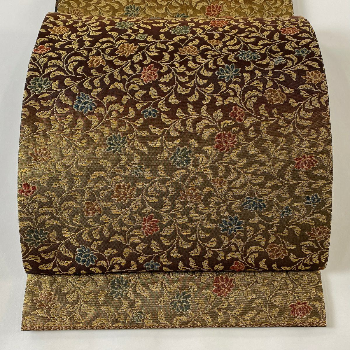 y0502-16 袋帯 逸品 紋屋井関 御寮織 花鳥間道 金銀糸 正絹 美品 袋帯 逸品 紋屋井関 落款あり 御寮織 華文 花唐草 金糸 箔 深緑