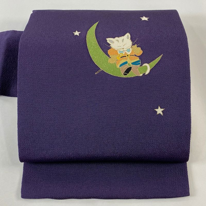 名古屋帯 逸品 猫 月と星 金銀彩 縮緬 紫 正絹｜中古・古着