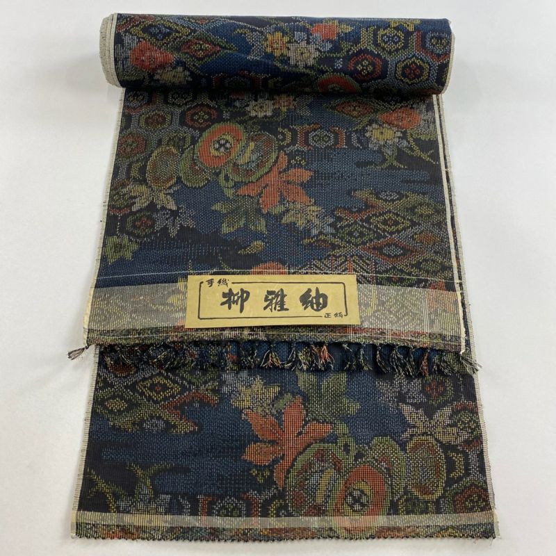 反物 秀品 紬 柳雅紬 草花 有職文様 濃紺 正絹｜中古・古着