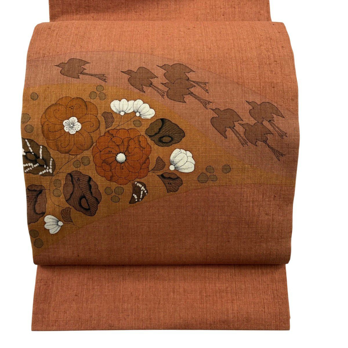 美品】 開き名古屋帯 秀品 紬地 辻が花柄 千鳥 オレンジ 正絹｜中古