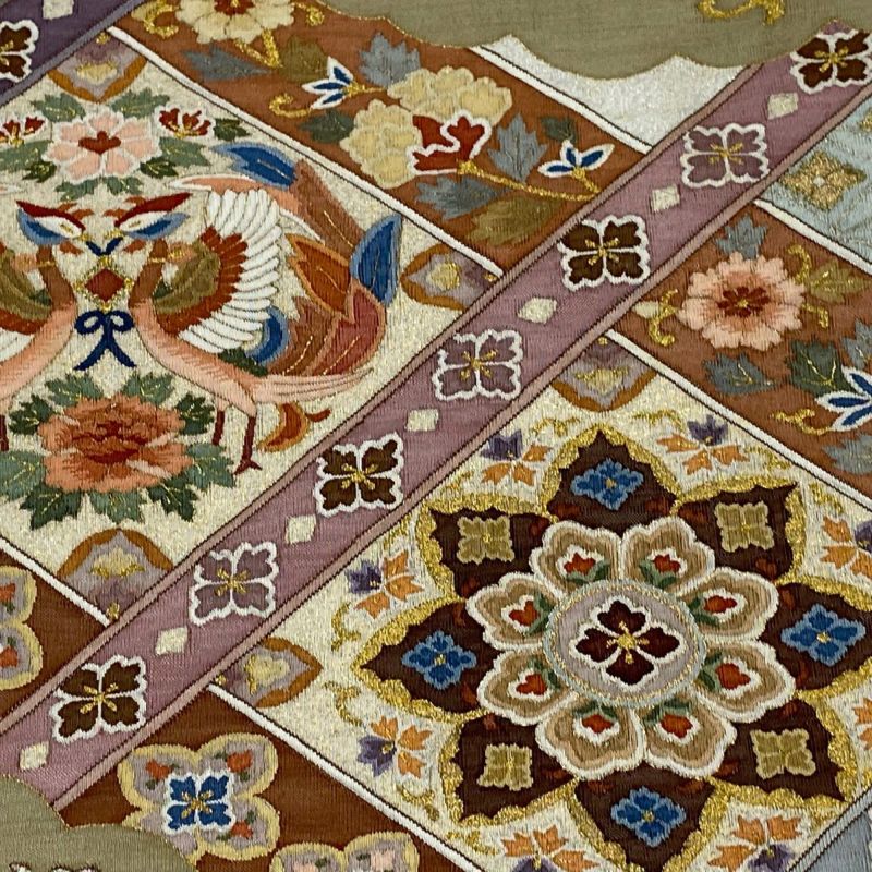 O0745 美品 逸品 お洒落 紬地 作家物 銀通し 正絹 袋帯 O852 美品 逸品 お洒落 銀花仙 ブランド 銀通し 染め帯 正絹