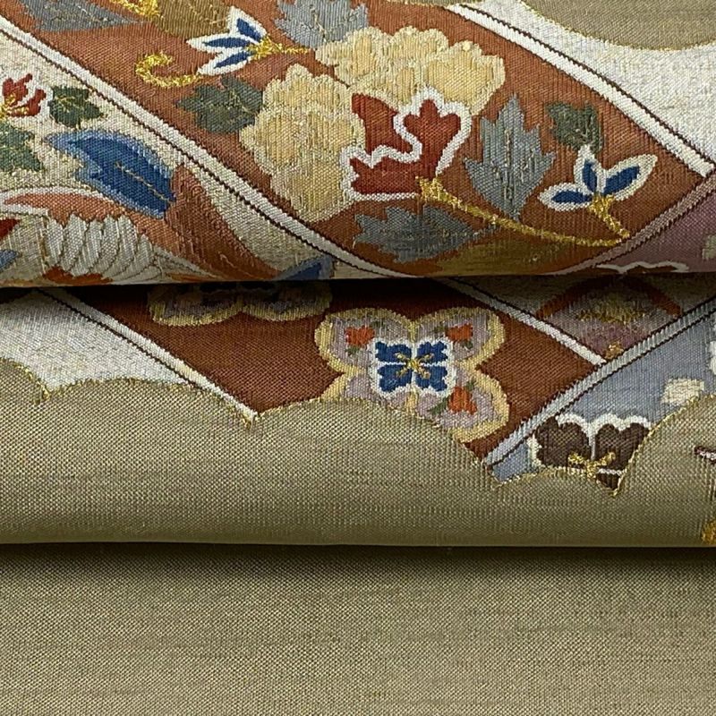 O0745 美品 逸品 お洒落 紬地 作家物 銀通し 正絹 袋帯 平和屋着物◎六通柄袋帯 更紗花文 金銀糸 正絹 逸品 AAAV5517yx