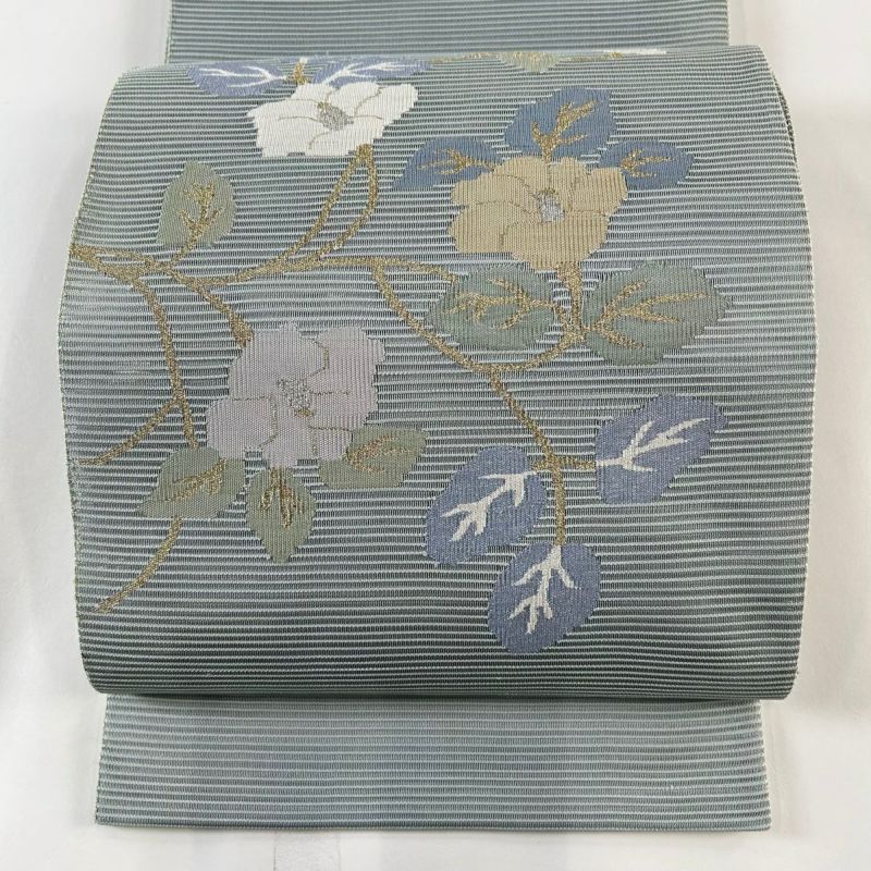袋帯 美品 秀品 夏帯 絽 椿 金銀糸 水色 お太鼓柄 正絹｜中古