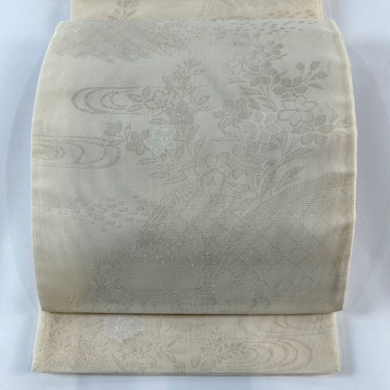 袋帯 秀品 夏帯 紗 秋草 光悦垣 銀糸 ベージュ 六通 正絹｜中古
