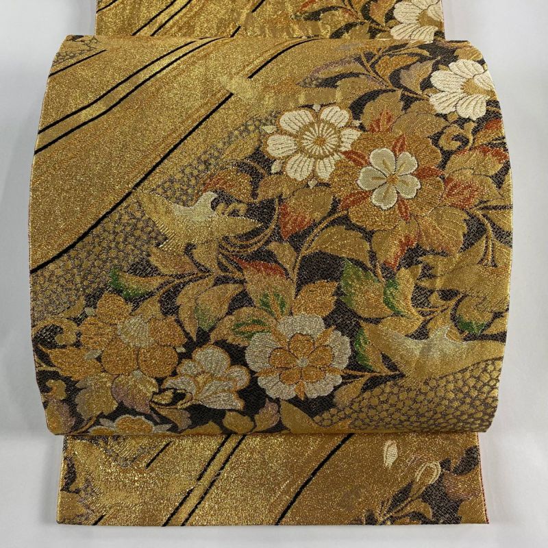 袋帯 秀品 草花 鳥 金彩 金糸 金色 六通 正絹｜中古・古着