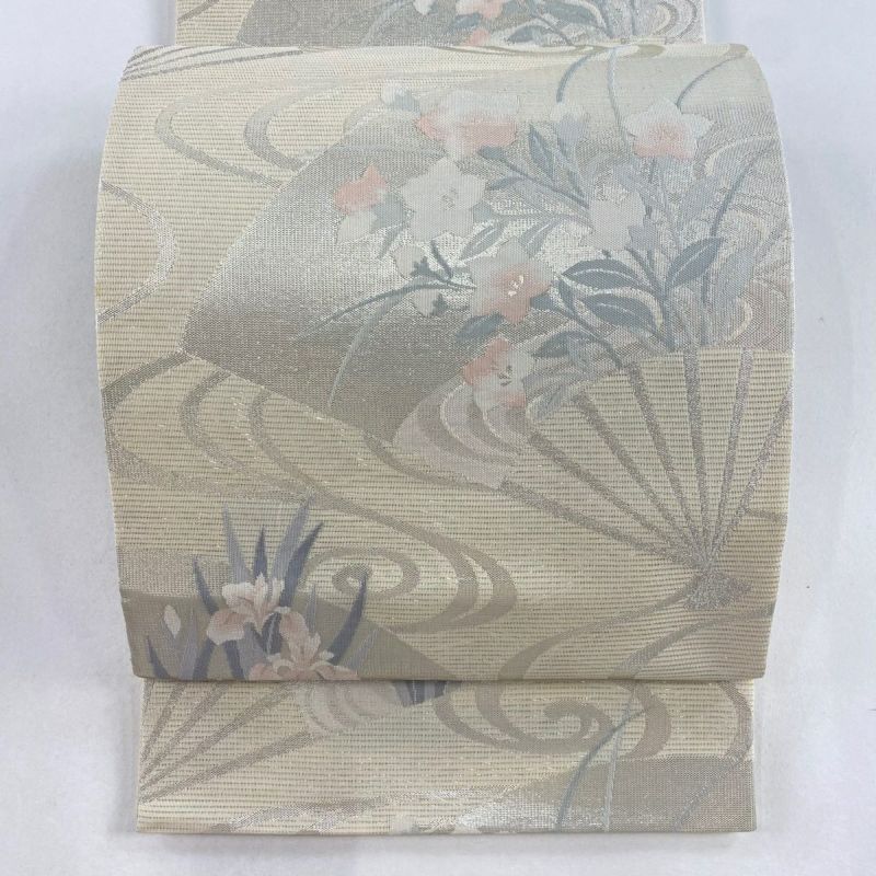 袋帯 美品 秀品 夏帯 絽 扇 草花 銀糸 箔 クリーム 正絹｜中古