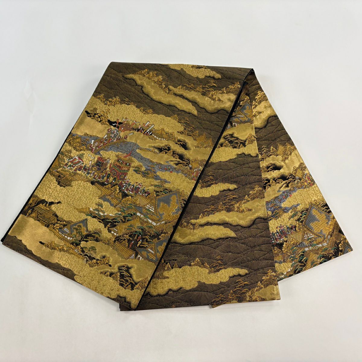 美品】 袋帯 秀品 山鉾 建物 箔 金糸 金色 お太鼓柄 正絹｜中古・古着