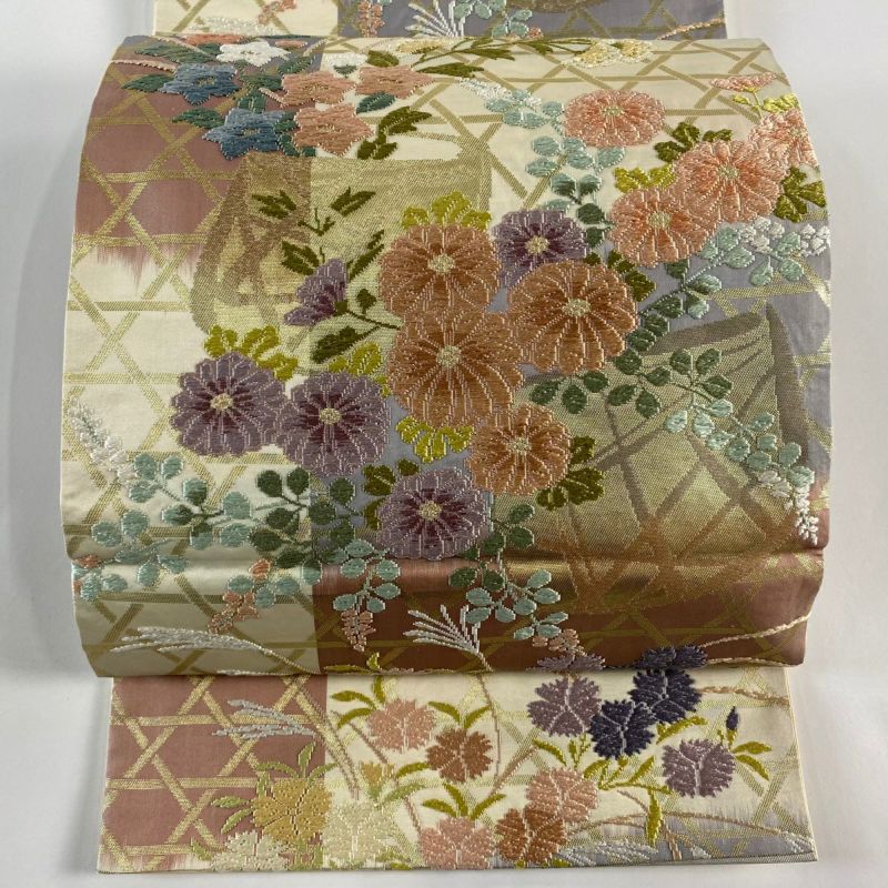 507mn3△洗える京袋帯 市松 石畳 立涌 花唐草 六通 化繊△美品 7月8日新入荷