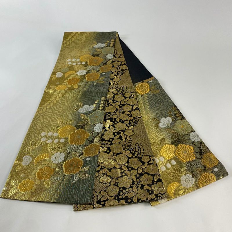 正絹 六通袋帯【辻ヶ花】No2811 袋帯 美品 秀品 辻が花柄 箔 金色 六通 正絹|中古・古着