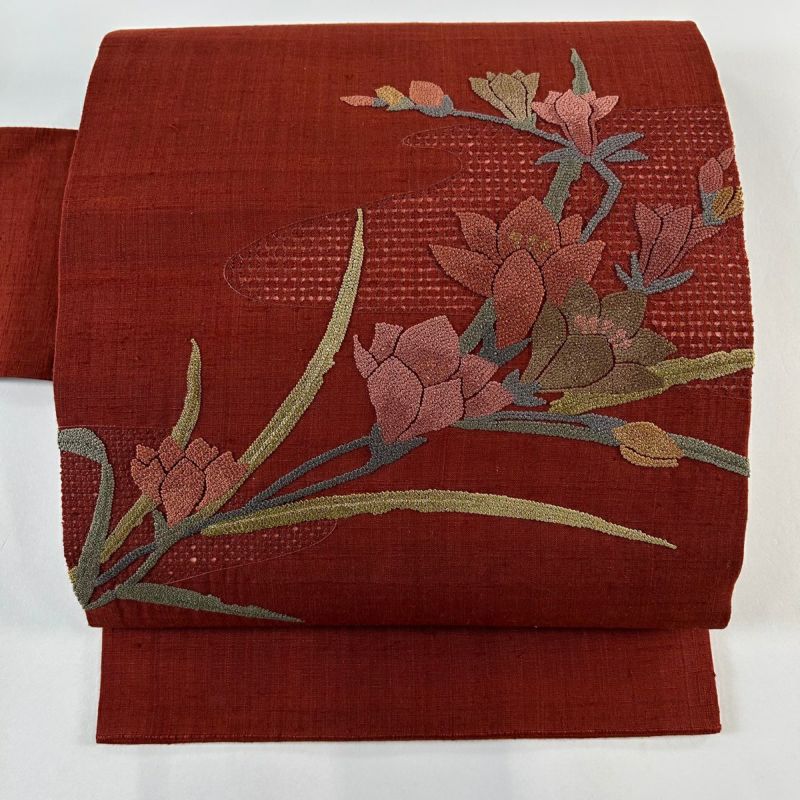 帯1873 ●高級 正絹 紬 刺繍 名古屋仕立て 名古屋帯 乱菊 未使用 正絹 紬 名古屋帯 刺繍 「名古屋仕立て」