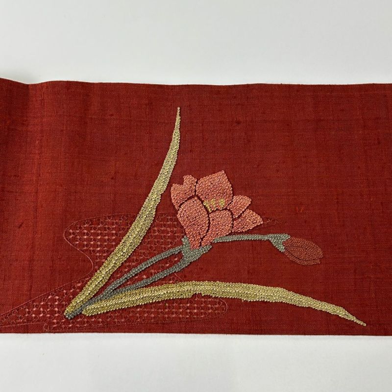 相良刺繍 絽織 夏開き名古屋帯 正絹 菱文に華 T-6488 相良刺繍 絽織 夏開き名古屋帯 正絹 菱文に華 T-6488