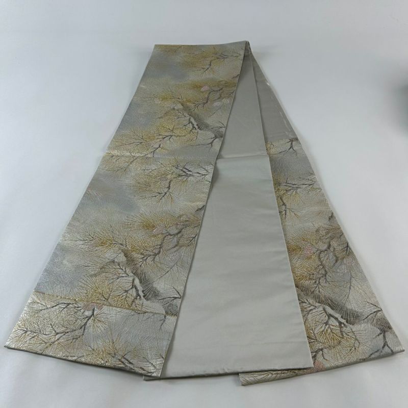 袋帯 正絹 金糸 松 橋かかる寺 上品 六通T-6417 袋帯 美品 秀品 秋草 松 金銀糸 箔 ベージュ 六通 正絹 【中古
