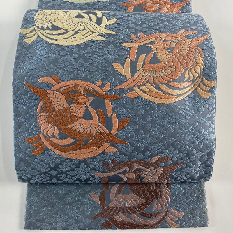 袋帯 秀品 鳳凰 青灰色 六通 正絹｜中古・古着・リサイクル着物