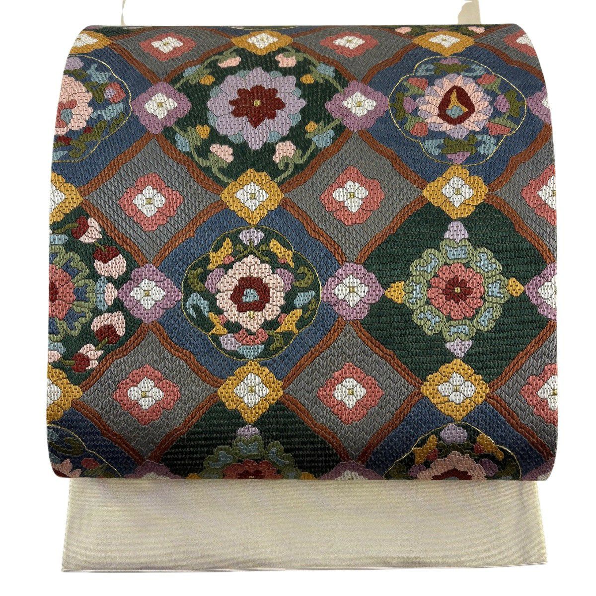 袋帯 名品 関西仕立て 華文 金糸 刺繍 青灰色 お太鼓柄 正絹｜中古