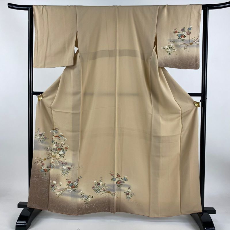 おかめベージュ 長襦袢　正絹 訪問着 身丈165.5cm 裄丈68cm L 袷 御所車 松竹梅 蘇州刺繍