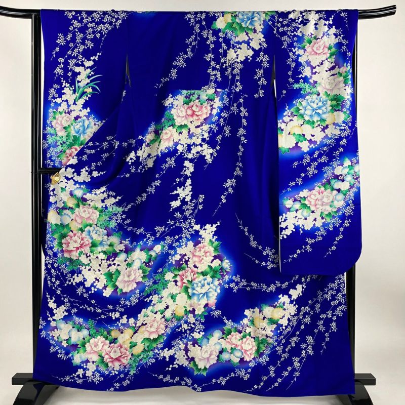 振袖 身丈161cm 裄丈66.5cm M 袷 牡丹 梅 銀彩 ぼかし 青 正絹