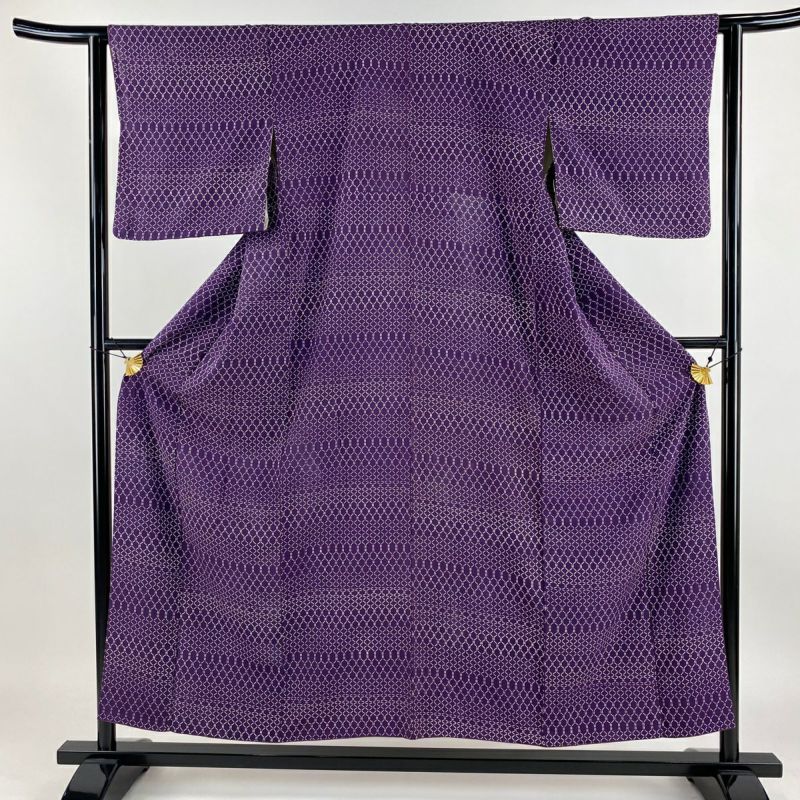 小紋 身丈154.5cm 裄丈63cm S 袷 亀甲 幾何学模様 紫 正絹 優品