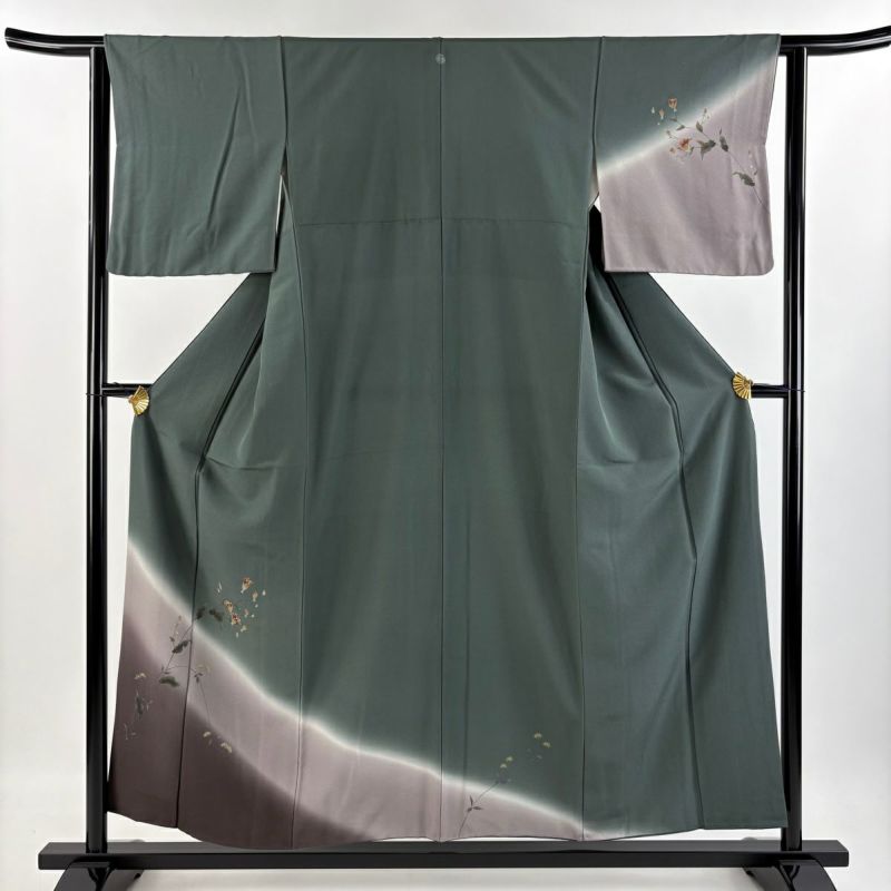 付下げ 身丈155.5cm 裄丈62cm S 袷 枝花 金彩 ぼかし 緑 正絹 秀