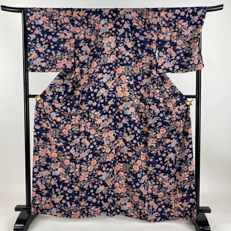 小紋 身丈163cm 裄丈70.5cm L 袷 胴抜き 草花 紺色 正絹 美品