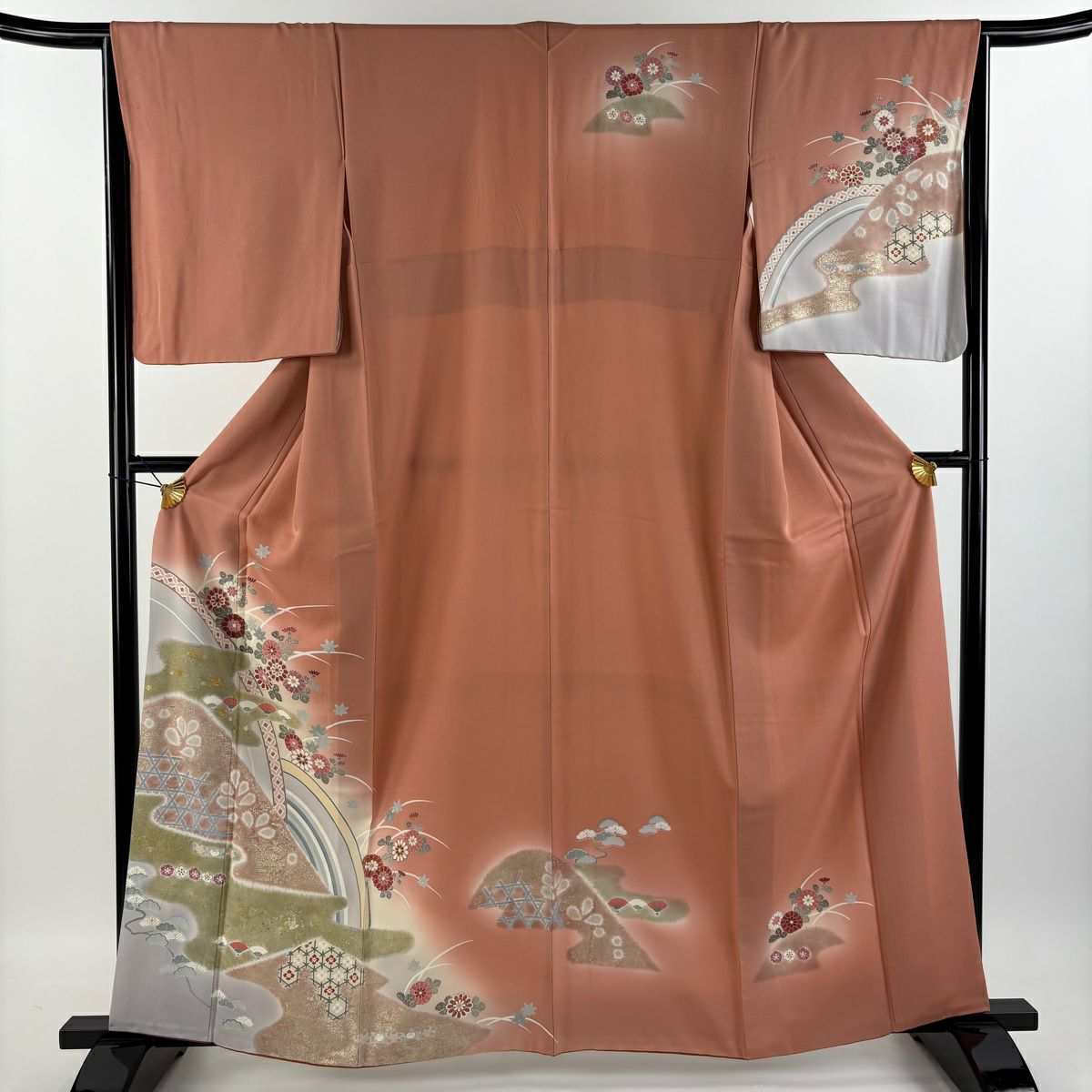訪問着 身丈162cm 裄丈65cm M 袷 菊 ヱ霞 金彩 ぼかし サーモン