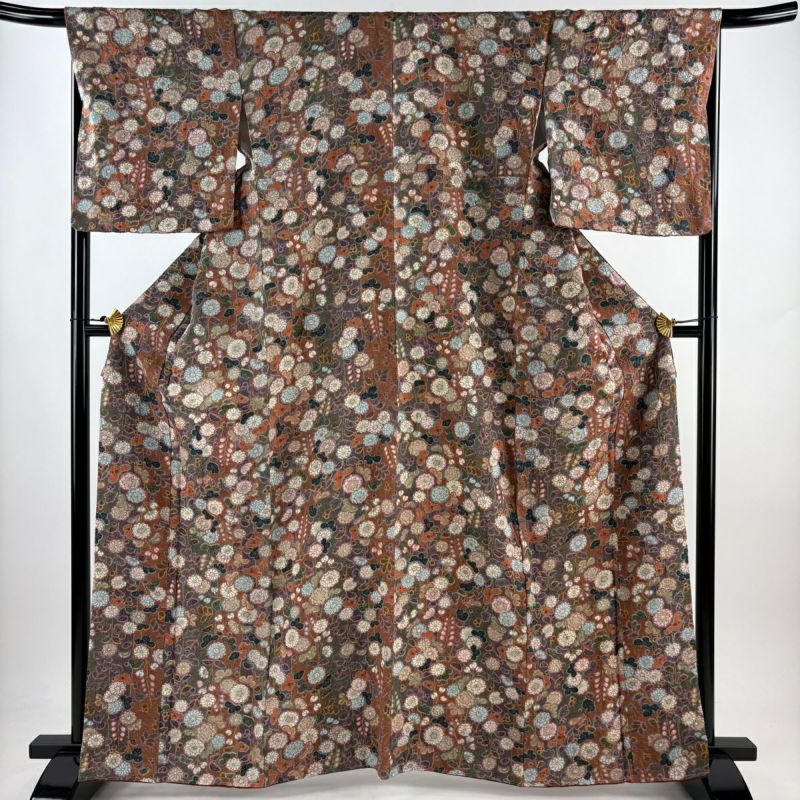 小紋 身丈163.5cm 裄丈67.5cm L 袷 菊 縦縞 金彩 茶色 正絹 秀品