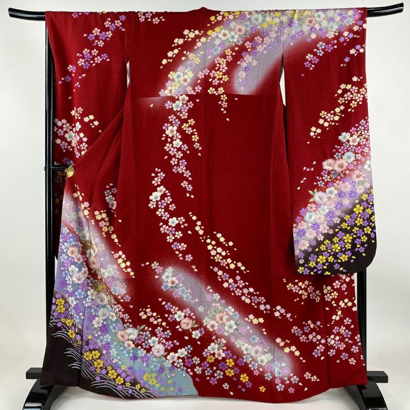 ■E4124■美品■紅海老茶色　花尽くし　京友禅　袷　振袖　丈166 裄68 □E4124□美品□紅海老茶色 花尽くし 京友禅 袷 振袖 丈166 裄68