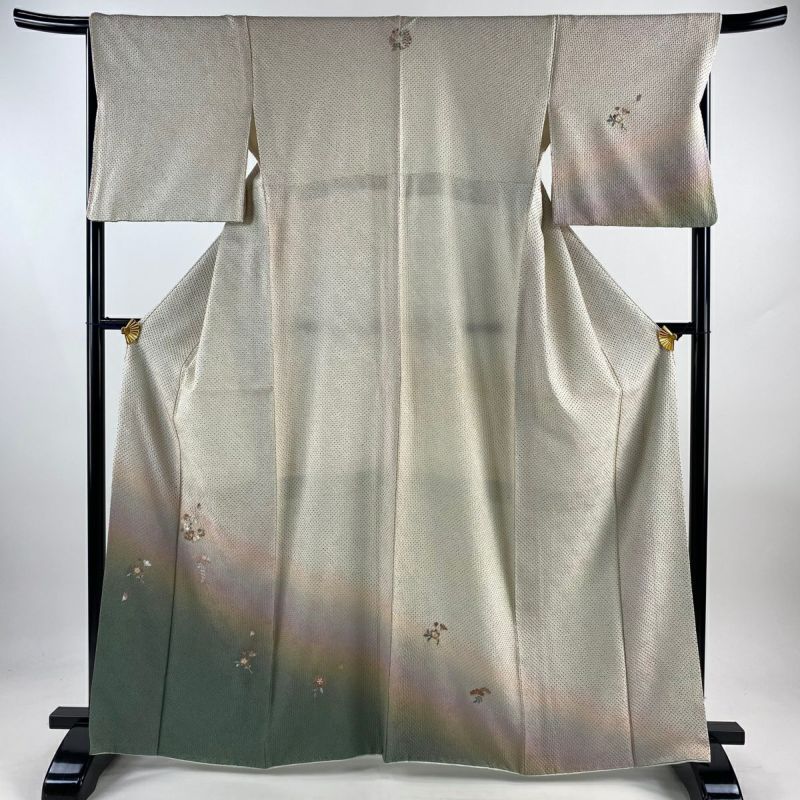 付下げ 身丈164.5cm 裄丈68cm L 袷 桜 笠松 総絞り 刺繍 薄緑