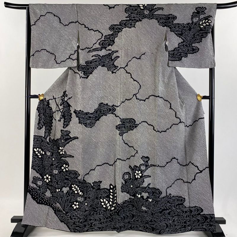 訪問着 身丈163.5cm 裄丈66cm M 袷 草花 流水 総絞り 黒 正絹