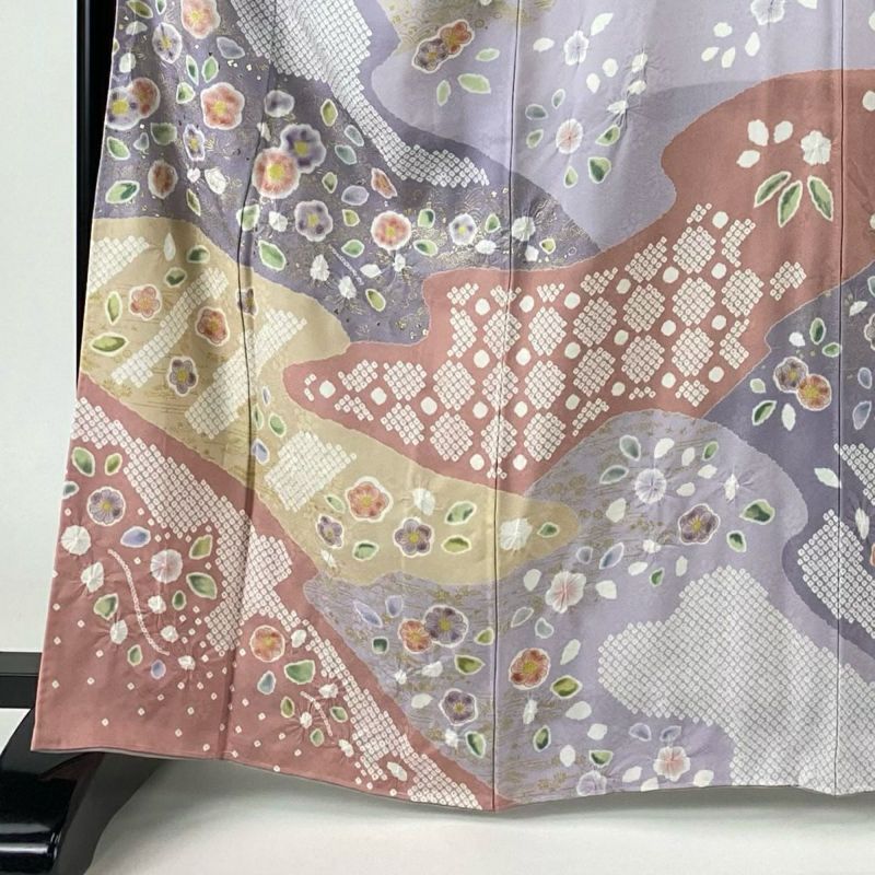 訪問着 身丈165cm 裄丈69cm L 袷 草花 霞 金彩 絞り 薄紫 正絹
