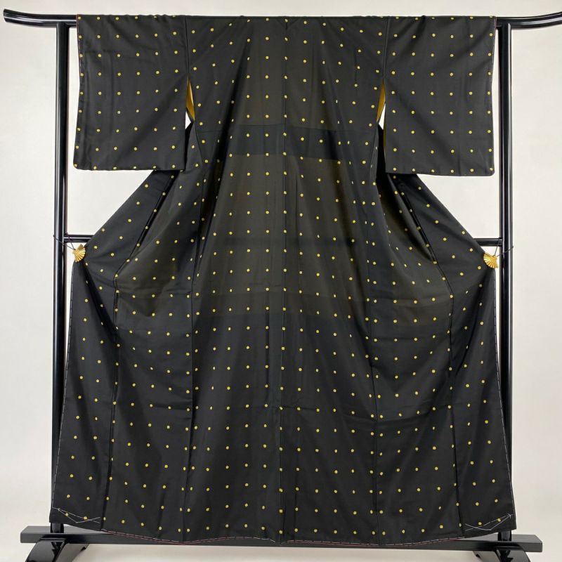 ◎mk-0483 小紋　夏着物　紬　身丈156.5　裄64　7-8 小紋 身丈158.5cm 裄丈63cm S 袷 大島紬地 証紙あり 幾何学 黒