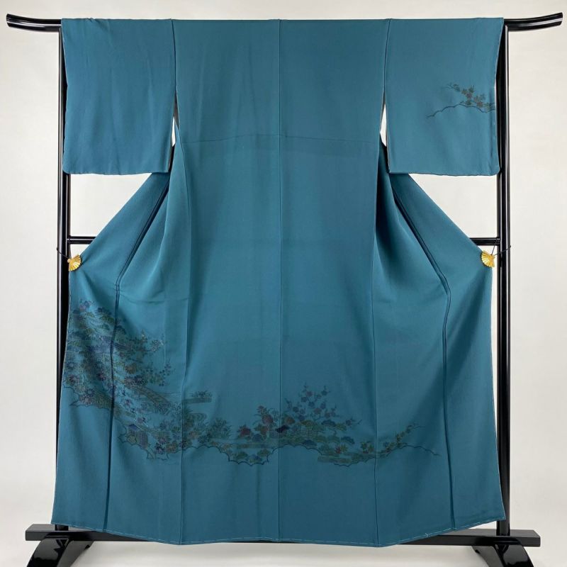 付下げ 身丈159cm 裄丈66cm M 袷 建物 松竹梅 刺繍 青緑 正絹