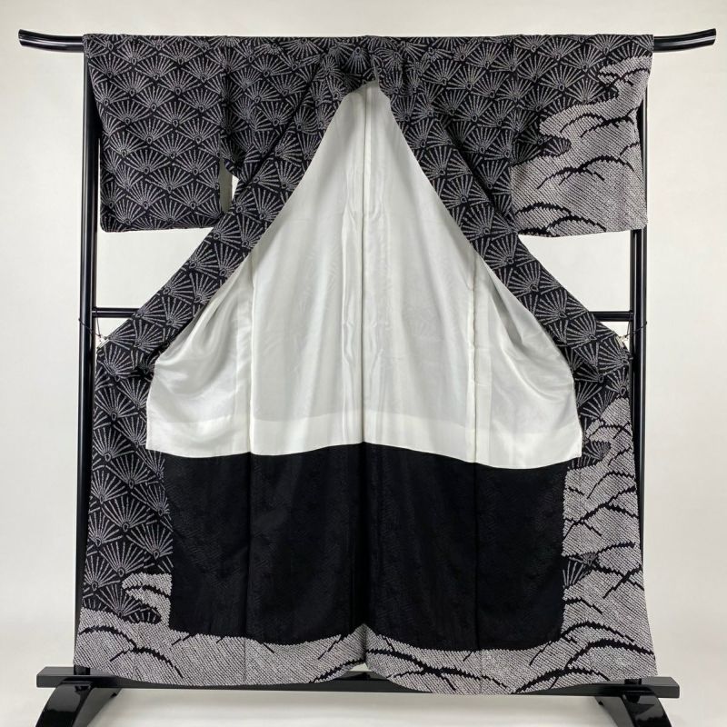 訪問着 身丈159.5cm 裄丈66.5cm M 袷 若松 芝 総絞り 黒 正絹 美
