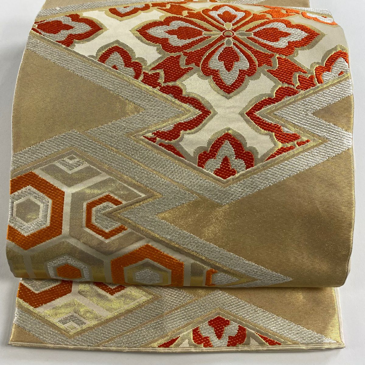 袋帯 逸品 川島織物 落款あり 花鳥 松 金糸 箔 ベージュ 六通 正絹