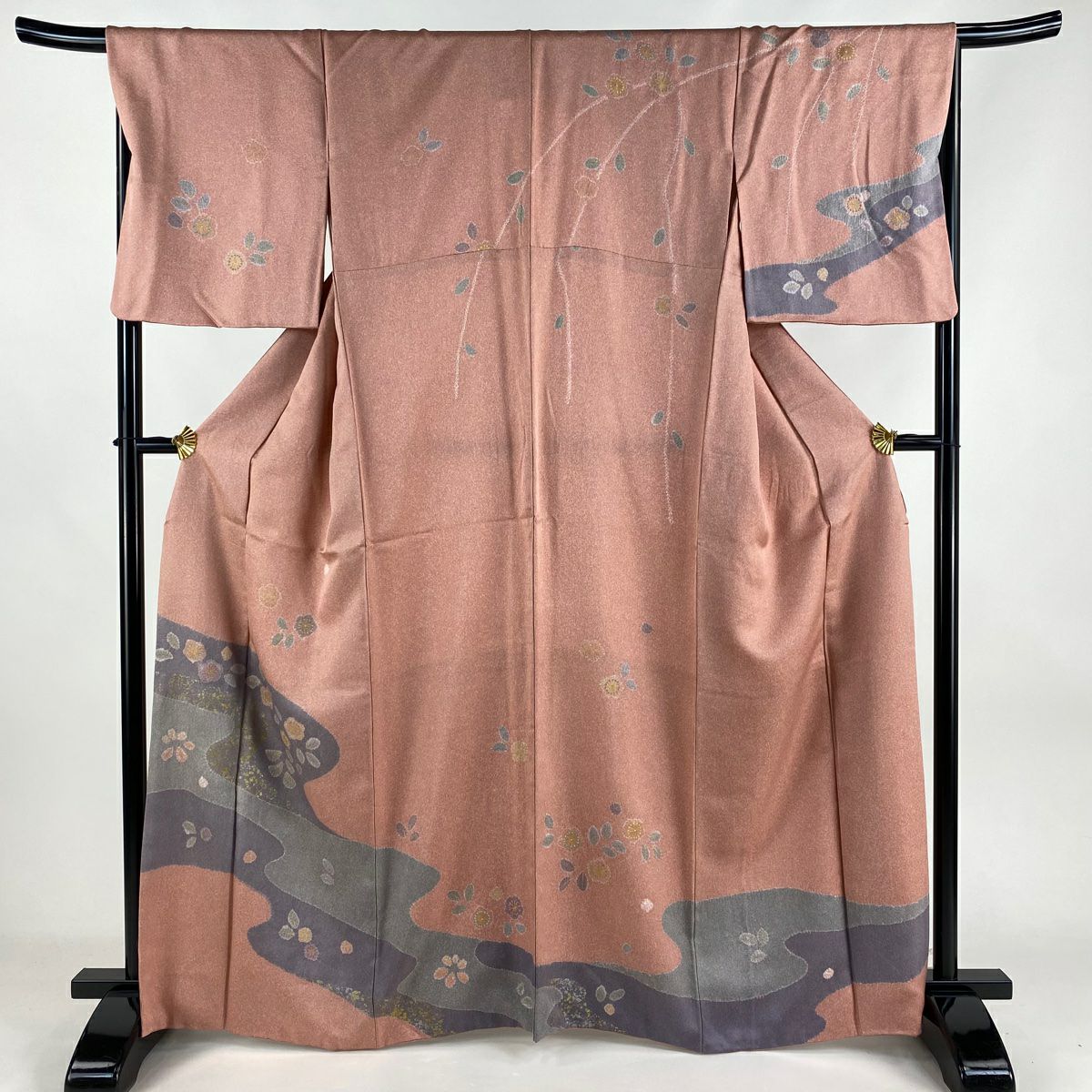 付下げ 袷 正絹 部分絞り 豆がら茶色 草花刺繍 身丈163裄66.5