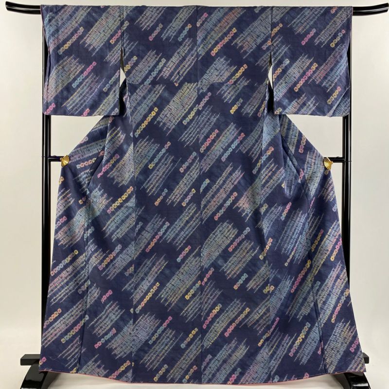 小紋 身丈167cm 裄丈67cm M 袷 菅原結 紬地 漢方染 落款あり 斜