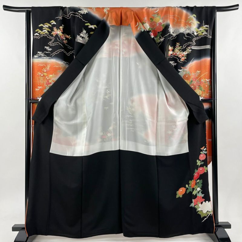 豪華絢爛美品黒地菊トールサイズ身丈170cm裄丈68.5cm正絹振袖(未