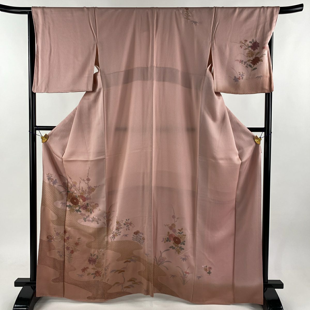 訪問着 身丈162cm 裄丈66.5cm M 袷 萩 疋田 金糸 刺繍 灰色 正絹